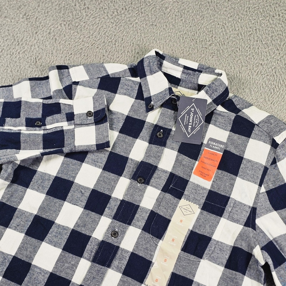 St. John's Bay Shirt Mens Small Blue Buffalo Plaid Flannel Long Sleeve Button Up